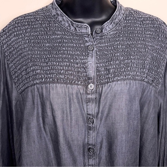 XL Grey Denim Lyocell Long Sleeve Top Womens Peasant Blouse Smocked Accent - Picture 5 of 14